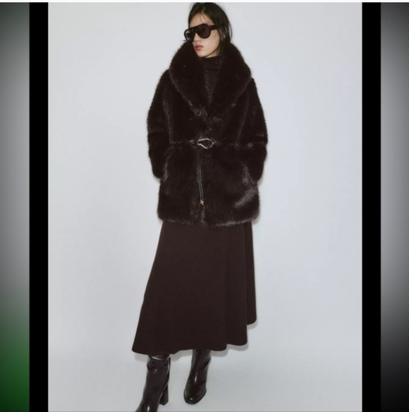 NWT Zara Faux Fur Coat With Belt in Brown - Picture 3 of 5